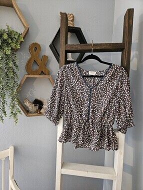 Boho Sienna Sky Navy, White & Brown Floral Peplum Blouse